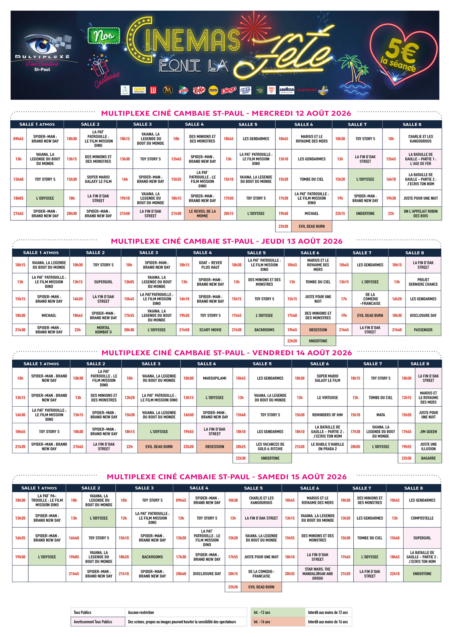 Programme de la Fête du cinéma au Multiplexe Ciné Cambaie (Saint-Paul), du 12 au 15 août 2026
